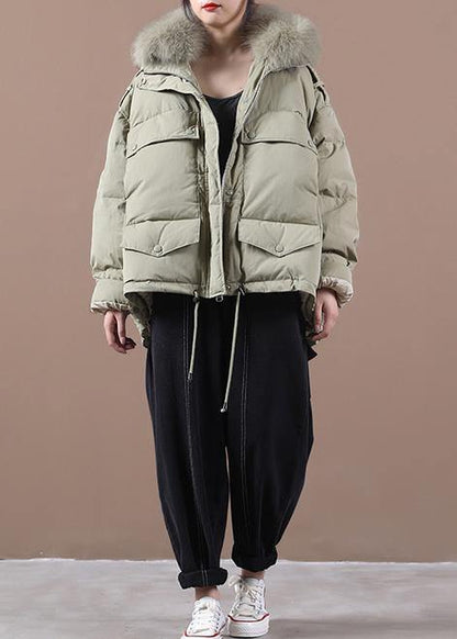 Green Duck Down Coat Clothing Down Jacket Faux Fur Collar Drawstring Overcoat