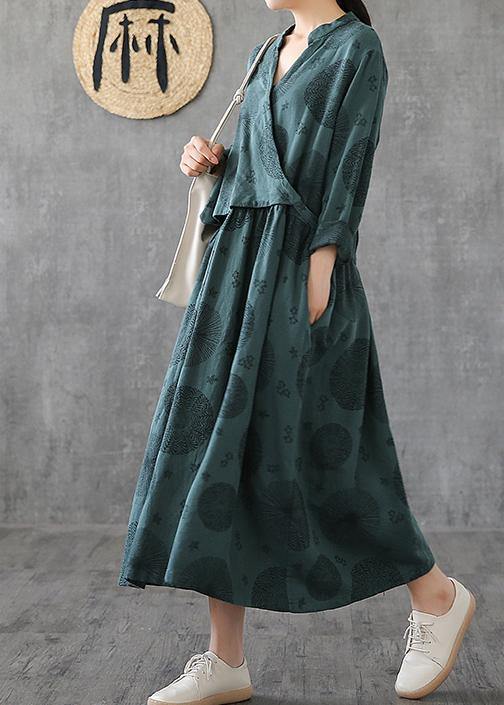 Green Embroidery Cotton Tunics for O Neck Patchwork Traveling Dresses