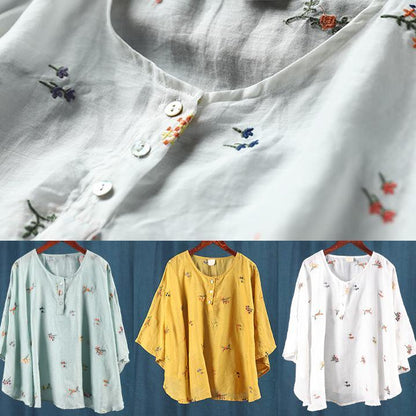 Green Embroidery Tunic Pattern O Neck Batwing Sleeve Knee Blouses