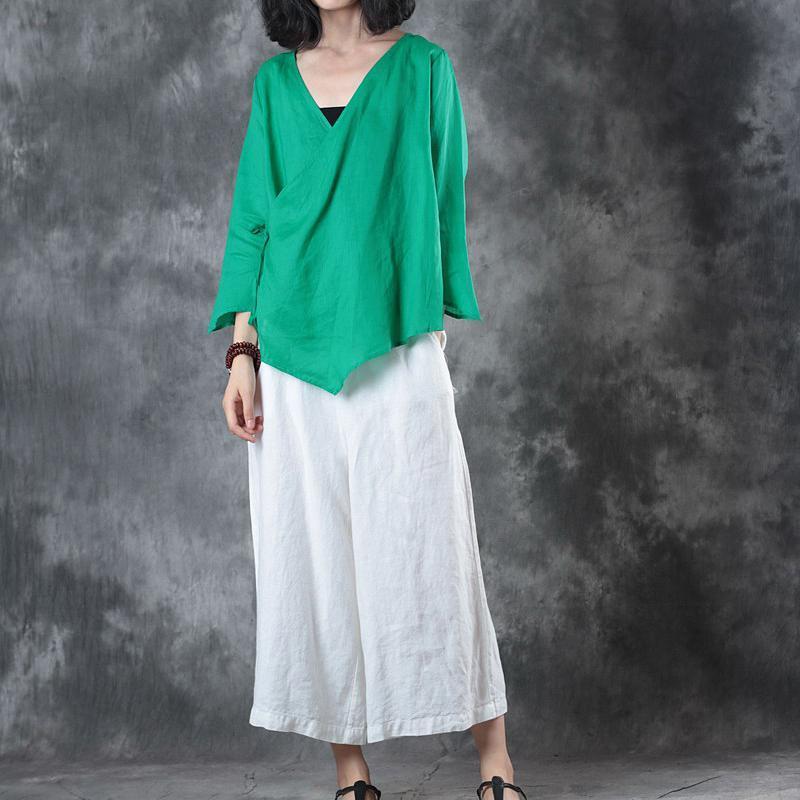 Green Midi Linen Pullover Loose Fitting Holiday Tops Half Sleeve V Neck Tie Waist Brief T Shirt