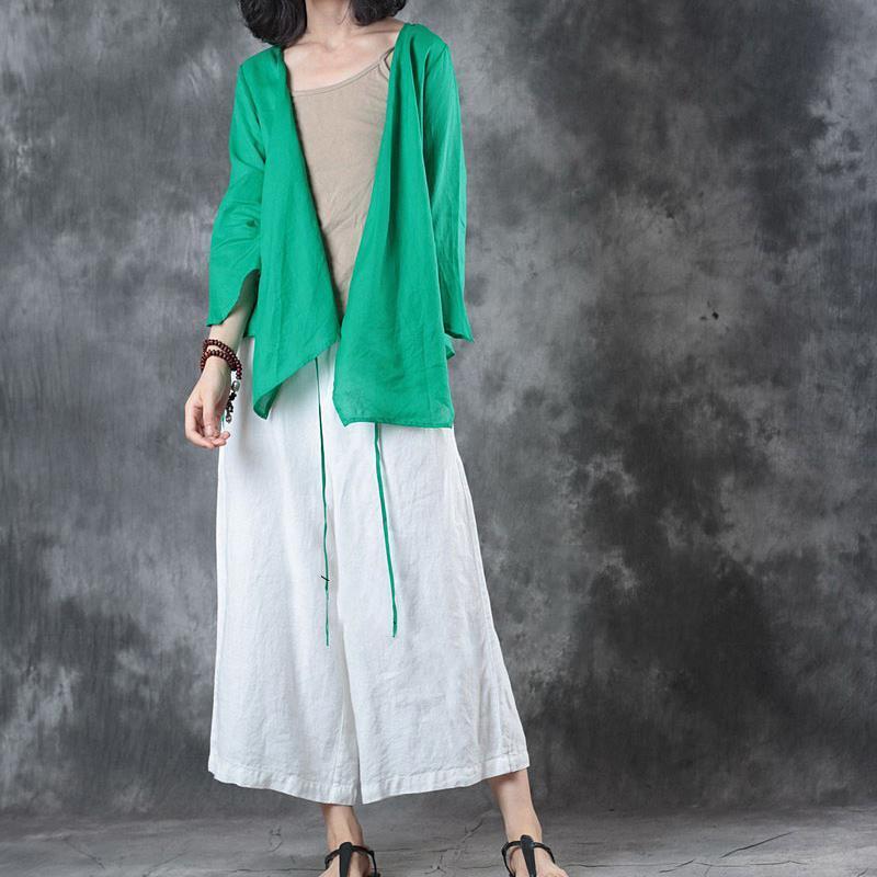 Green Midi Linen Pullover Loose Fitting Holiday Tops Half Sleeve V Neck Tie Waist Brief T Shirt