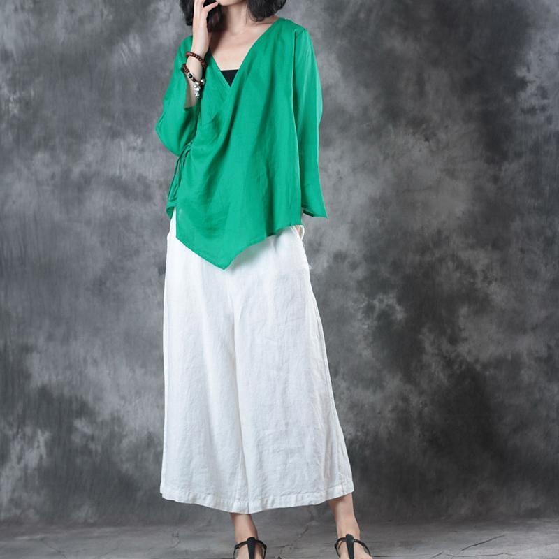 Green Midi Linen Pullover Loose Fitting Holiday Tops Half Sleeve V Neck Tie Waist Brief T Shirt
