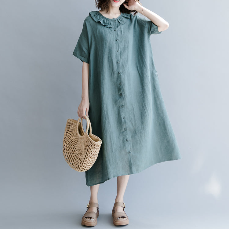 Green Natural Cotton Linen Dress Holiday Dresses Short Sleeve Patchwork Peter Pan Collar Pockets Knee Dresses