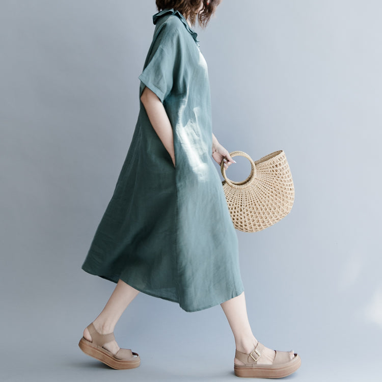 Green Natural Cotton Linen Dress Holiday Dresses Short Sleeve Patchwork Peter Pan Collar Pockets Knee Dresses