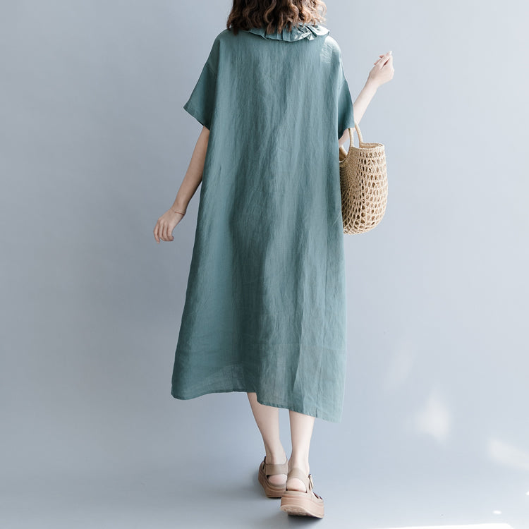 Green Natural Cotton Linen Dress Holiday Dresses Short Sleeve Patchwork Peter Pan Collar Pockets Knee Dresses