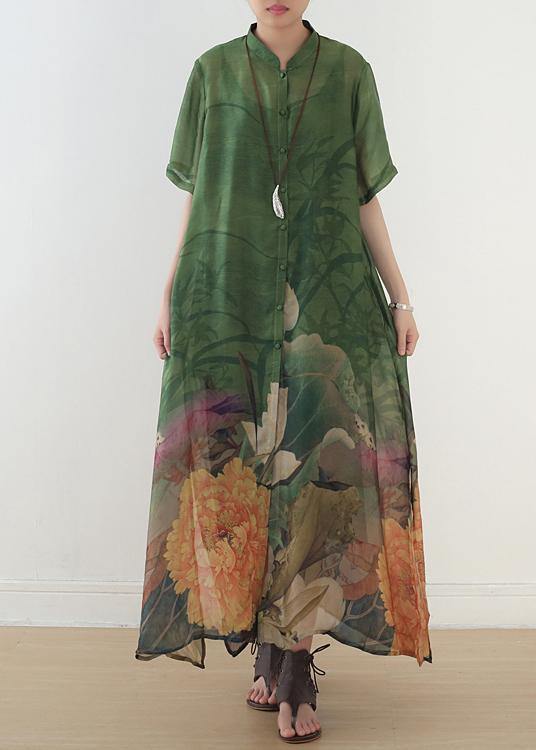 Green Print Chiffon Clothes 18th Century Fabrics Stand Collar Side Open Love Dress