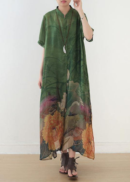 Green Print Chiffon Clothes 18th Century Fabrics Stand Collar Side Open Love Dress