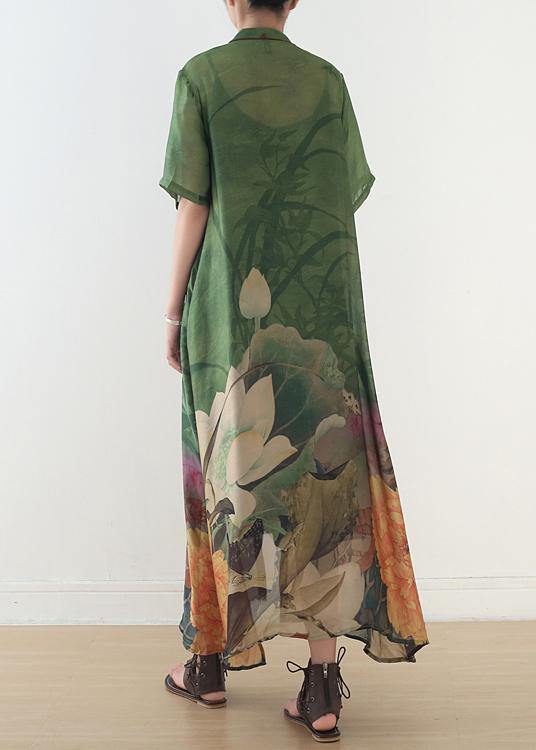 Green Print Chiffon Clothes 18th Century Fabrics Stand Collar Side Open Love Dress