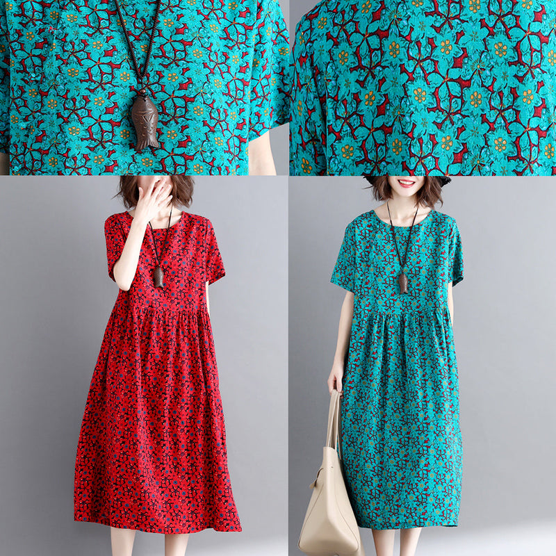 Green Print Cotton Linen Maxi Dress Short Sleeve Long Dresses New O Neck Clothing Dresses