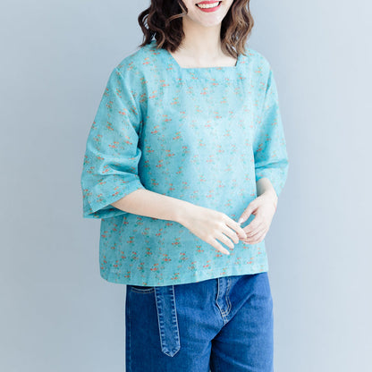 Green Print Cotton Linen Pullover Cotton Linen Clothing Tops Half Sleeve Square Collar Tops