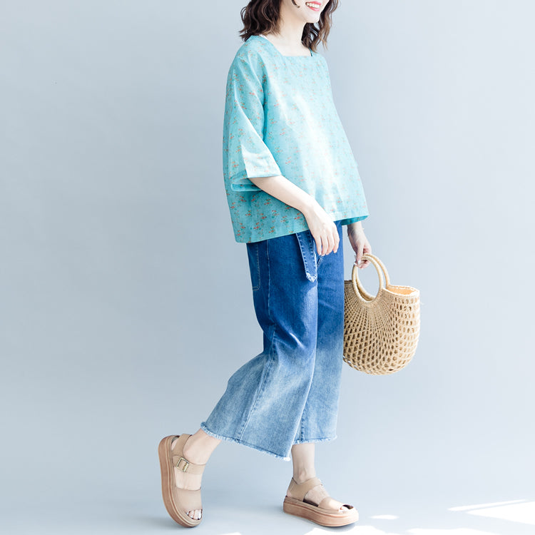 Green Print Cotton Linen Pullover Cotton Linen Clothing Tops Half Sleeve Square Collar Tops