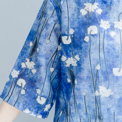Green Print Cotton Linen Pullover Cotton Linen Clothing Tops Half Sleeve Square Collar Tops