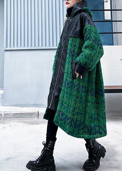Green Woolen Coats Loose Fitting Medium Length Coat Patchwork Hooded Woolen Outwear