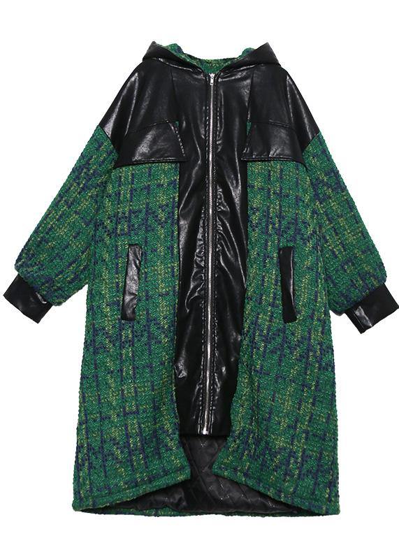 Green Woolen Coats Loose Fitting Medium Length Coat Patchwork Hooded Woolen Outwear