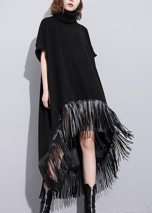 High Neck Tassel Cotton Tunic Fabrics Black Dresses
