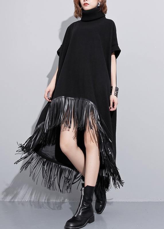 High Neck Tassel Cotton Tunic Fabrics Black Dresses