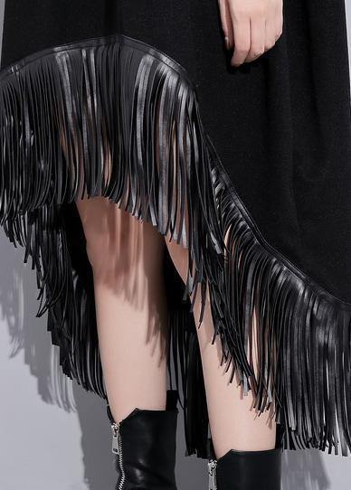 High Neck Tassel Cotton Tunic Fabrics Black Dresses
