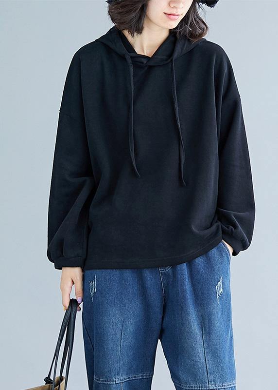 Hooded Drawstring Cotton Black Top Fall