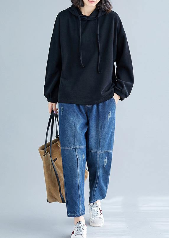 Hooded Drawstring Cotton Black Top Fall