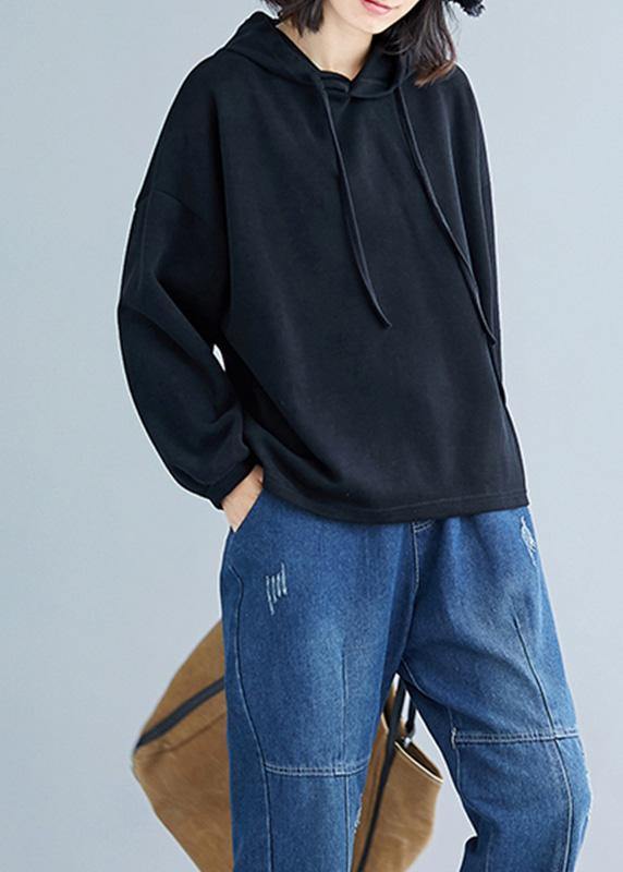 Elegant hooded drawstring cotton black top fall