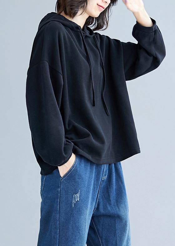 Elegant hooded drawstring cotton black top fall