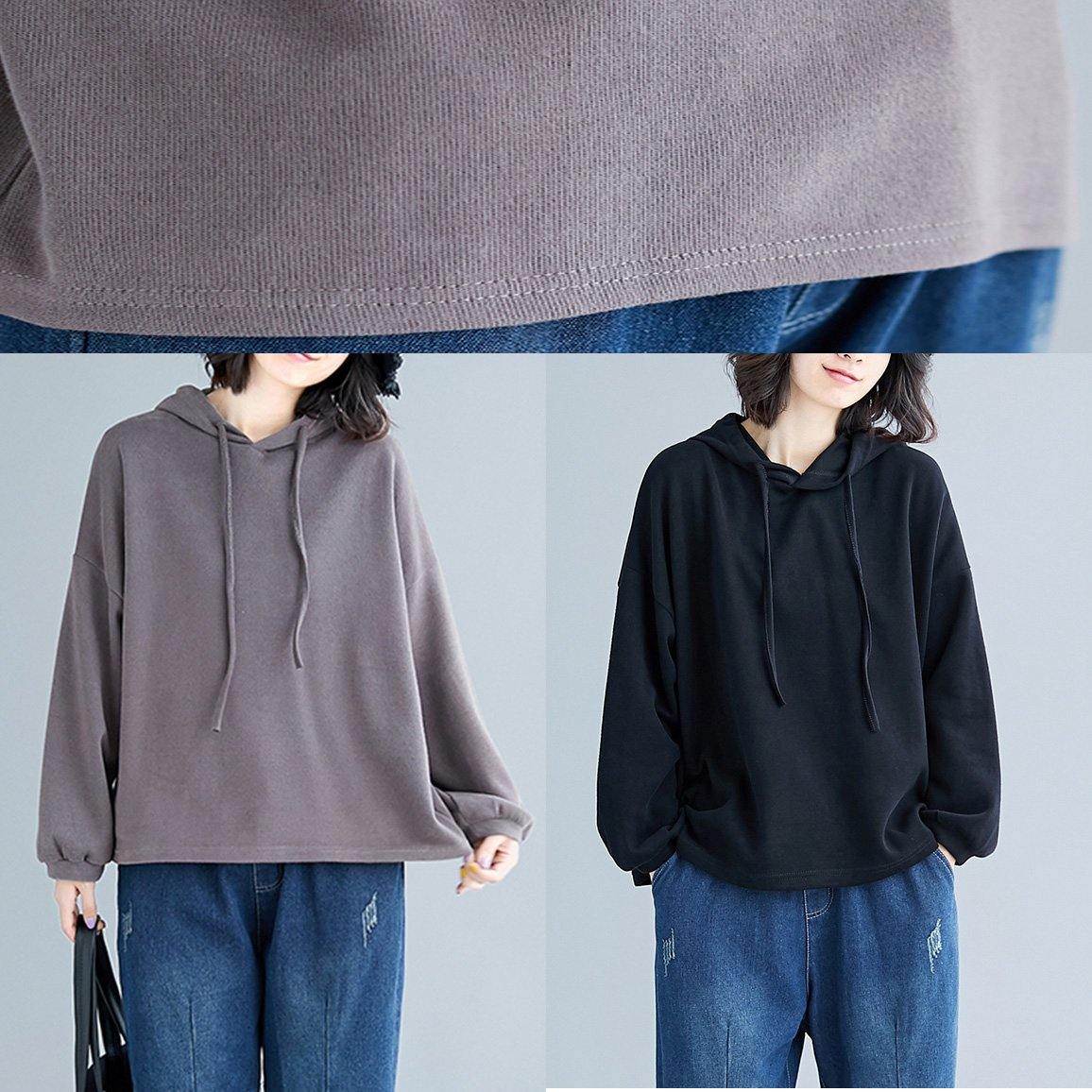 Elegant hooded drawstring cotton black top fall