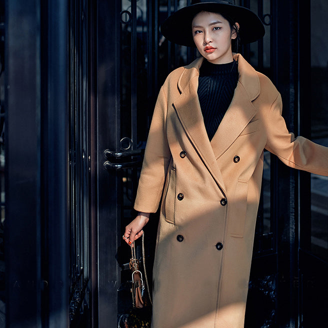Khaki Coats Oversize Notched Wool Coat Double Breasted Wool Coat