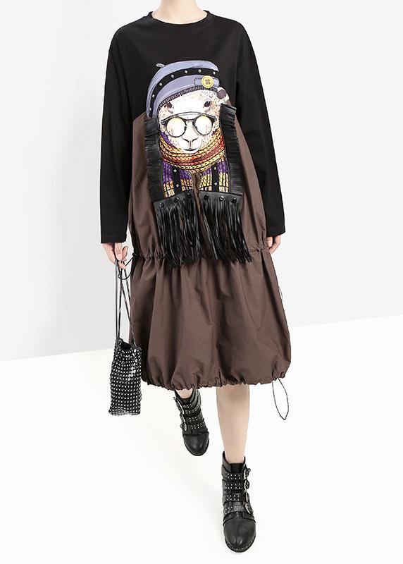 Khaki Fall Cartoon Girl Print Cotton Dress Tassel Long Patchwork Dresses