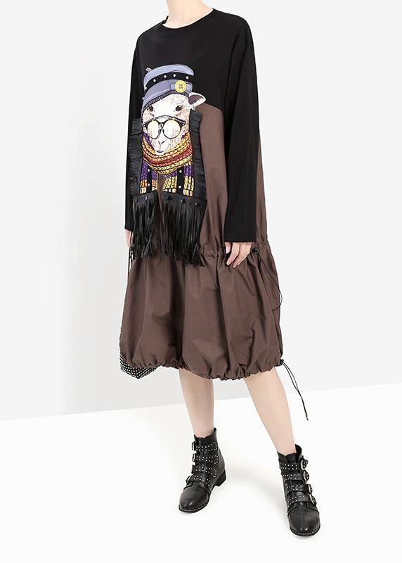 Khaki Fall Cartoon Girl Print Cotton Dress Tassel Long Patchwork Dresses