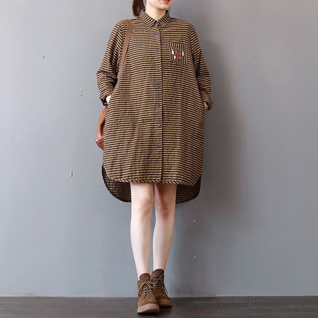 Khaki Striped Linen Knee Dress Linen Cotton Dress Lapel Collar Fine Low High Design Natural Linen Dress