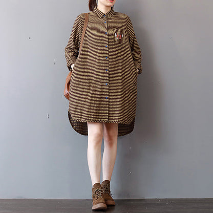 Khaki Striped Linen Knee Dress Linen Cotton Dress Lapel Collar Fine Low High Design Natural Linen Dress