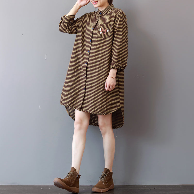 Khaki Striped Linen Knee Dress Linen Cotton Dress Lapel Collar Fine Low High Design Natural Linen Dress