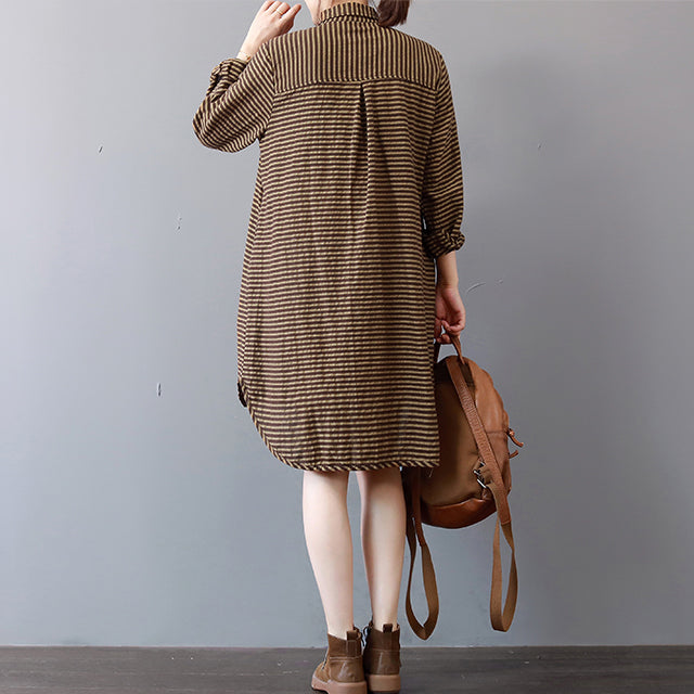 Khaki Striped Linen Knee Dress Linen Cotton Dress Lapel Collar Fine Low High Design Natural Linen Dress