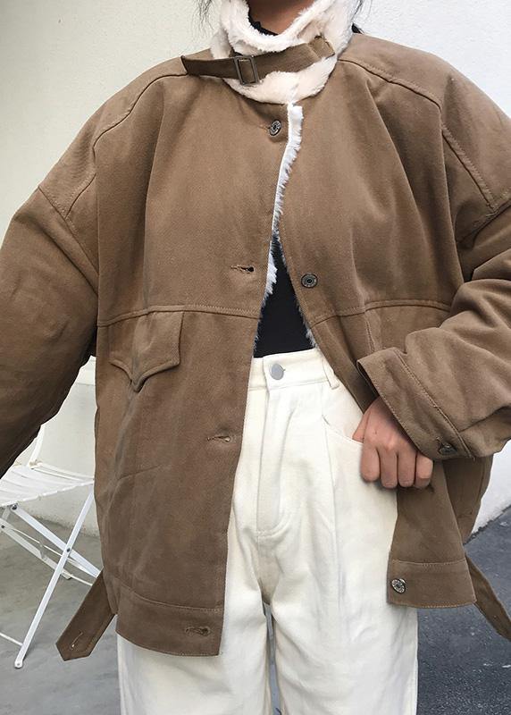 Khaki Parka Loose Fitting Warm Winter Coat Stand Collar Outwear Thick