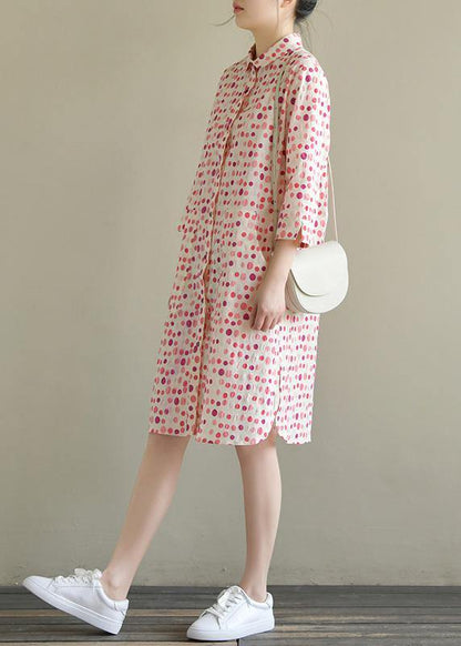 Lapel Pockets Cotton Dress Pink Dotted Dress Summer