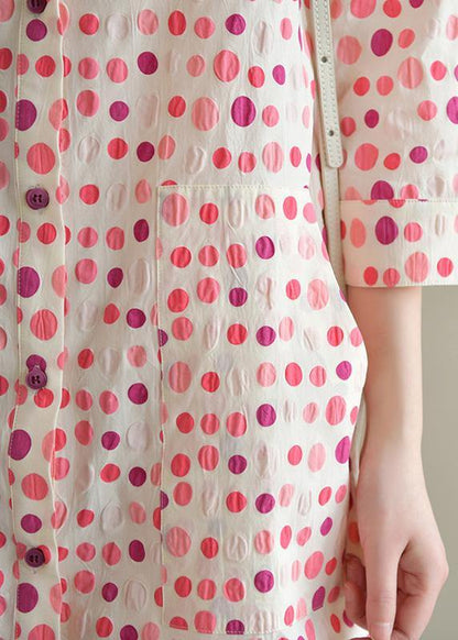 Lapel Pockets Cotton Dress Pink Dotted Dress Summer