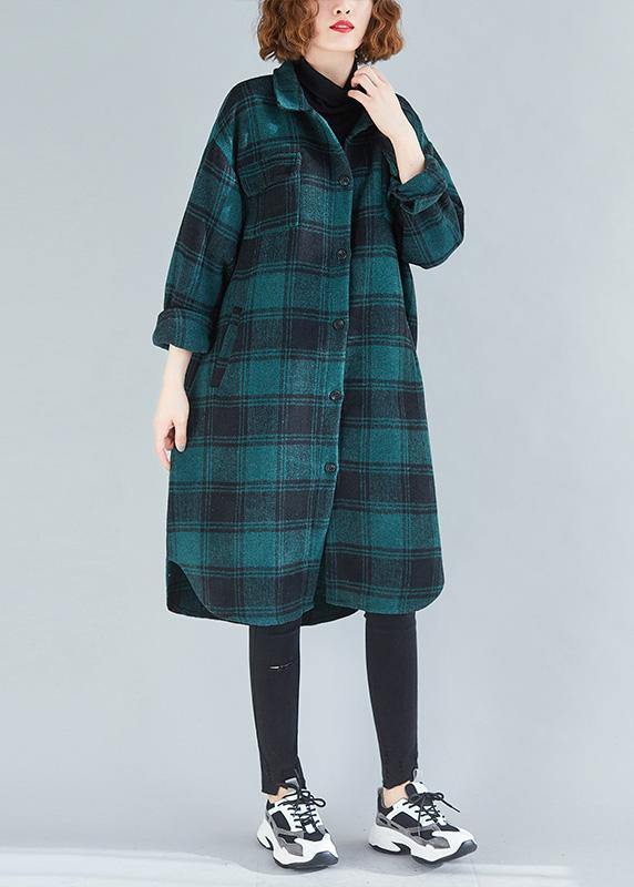 Lapel Pockets Cotton Clothes Christmas Gifts Green Plaid Blouses