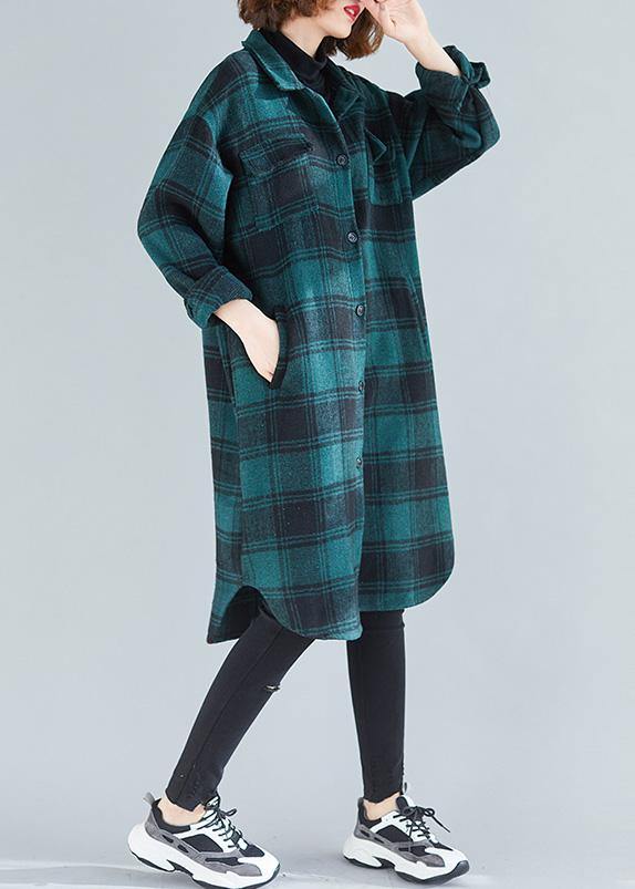 Lapel Pockets Cotton Clothes Christmas Gifts Green Plaid Blouses
