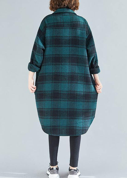 Elegant lapel pockets cotton clothes Christmas Gifts green plaid blouses