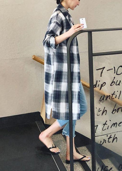 Elegant lapel pockets linen cotton tops women plaid baggy shirt