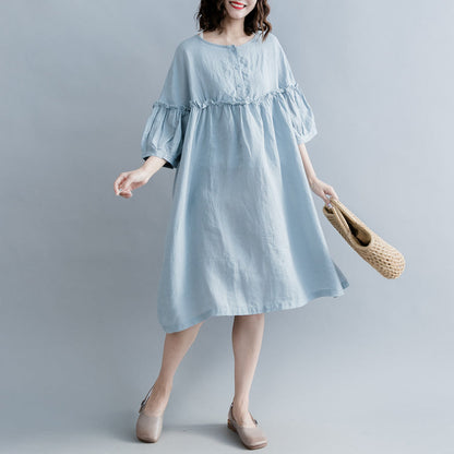 Light Blue Pure Cotton Linen Dress Linen Cotton Dress Fine Lantern Sleeve Cinched O Neck Baggy Dresses Cotton Linen Dresses
