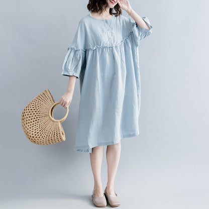 Light Blue Pure Cotton Linen Dress Linen Cotton Dress Fine Lantern Sleeve Cinched O Neck Baggy Dresses Cotton Linen Dresses
