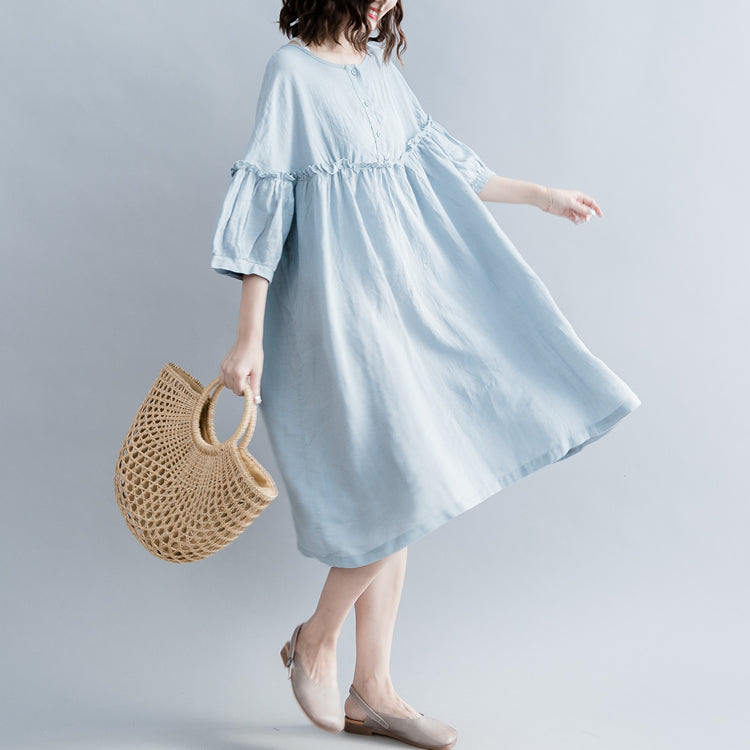 Light Blue Pure Cotton Linen Dress Linen Cotton Dress Fine Lantern Sleeve Cinched O Neck Baggy Dresses Cotton Linen Dresses