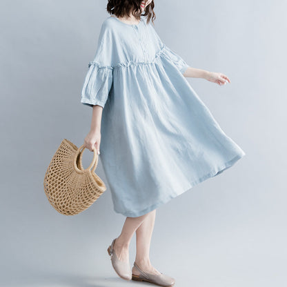 Light Blue Pure Cotton Linen Dress Linen Cotton Dress Fine Lantern Sleeve Cinched O Neck Baggy Dresses Cotton Linen Dresses