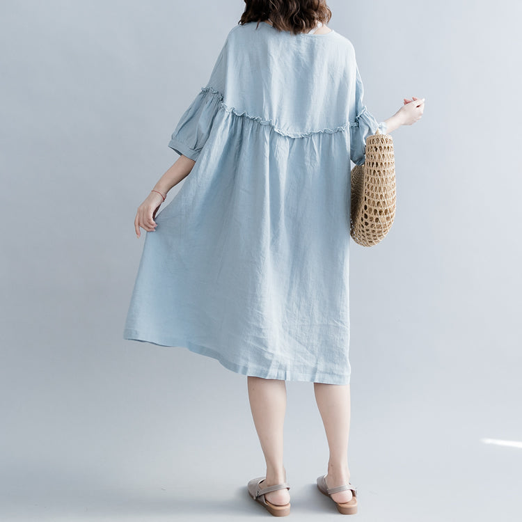 Light Blue Pure Cotton Linen Dress Linen Cotton Dress Fine Lantern Sleeve Cinched O Neck Baggy Dresses Cotton Linen Dresses