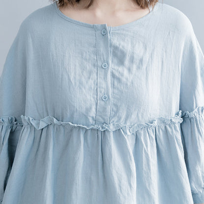 Light Blue Pure Cotton Linen Dress Linen Cotton Dress Fine Lantern Sleeve Cinched O Neck Baggy Dresses Cotton Linen Dresses
