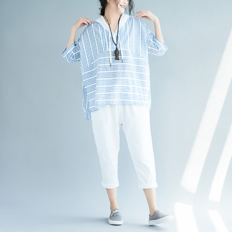 Light Blue Striped Cotton Crane Tops Wardrobes Hooded Baggy Low High Design Blouses
