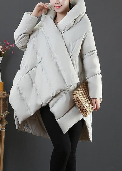 Light Gray Goose Down Coat Snow Jackets Hooded Asymmetric Warm Coats