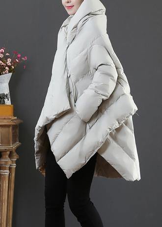 Light Gray Goose Down Coat Snow Jackets Hooded Asymmetric Warm Coats