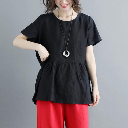 Linen Blouse Pleated Summer Short Sleeve Round Neck Black Tops